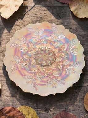 Antique Fenton Holly Carnival Glass Plate Marigold Iridescent 9” Scalloped